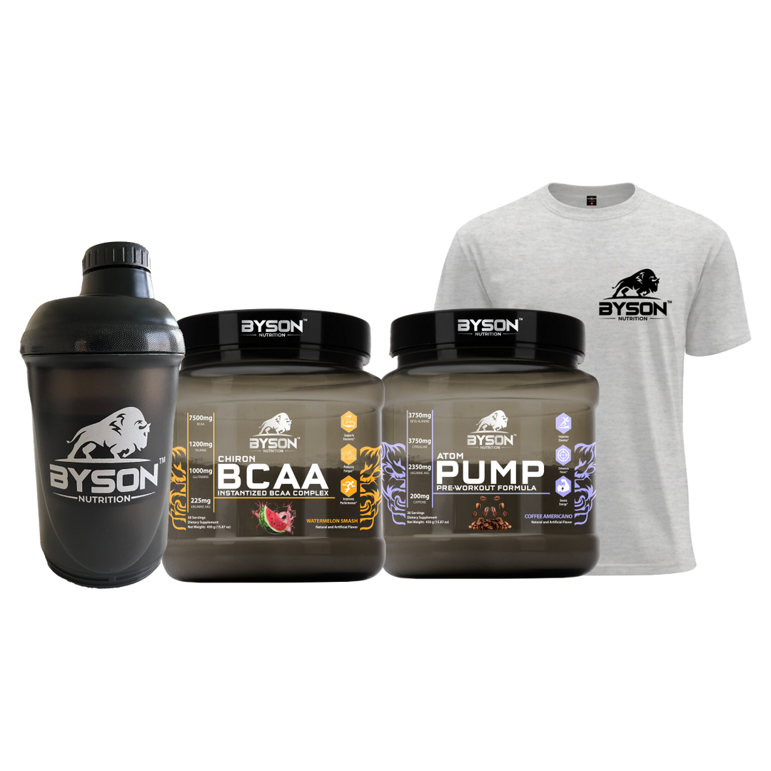 Byson Nutrition products including a shaker, containers, and a t-shirt on a white background