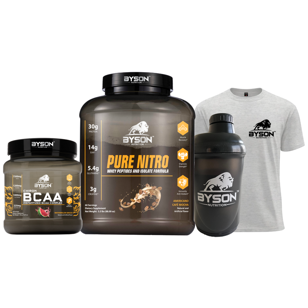 Byson Nutrition products including a protein powder container, shaker bottle, and t-shirt on a white background.