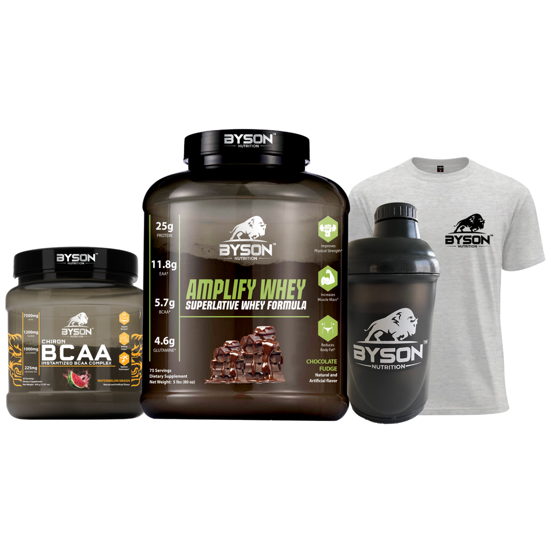 Byson Nutrition products including a whey protein powder container, BCAA supplement jar, shaker bottle, and t-shirt on a white background.