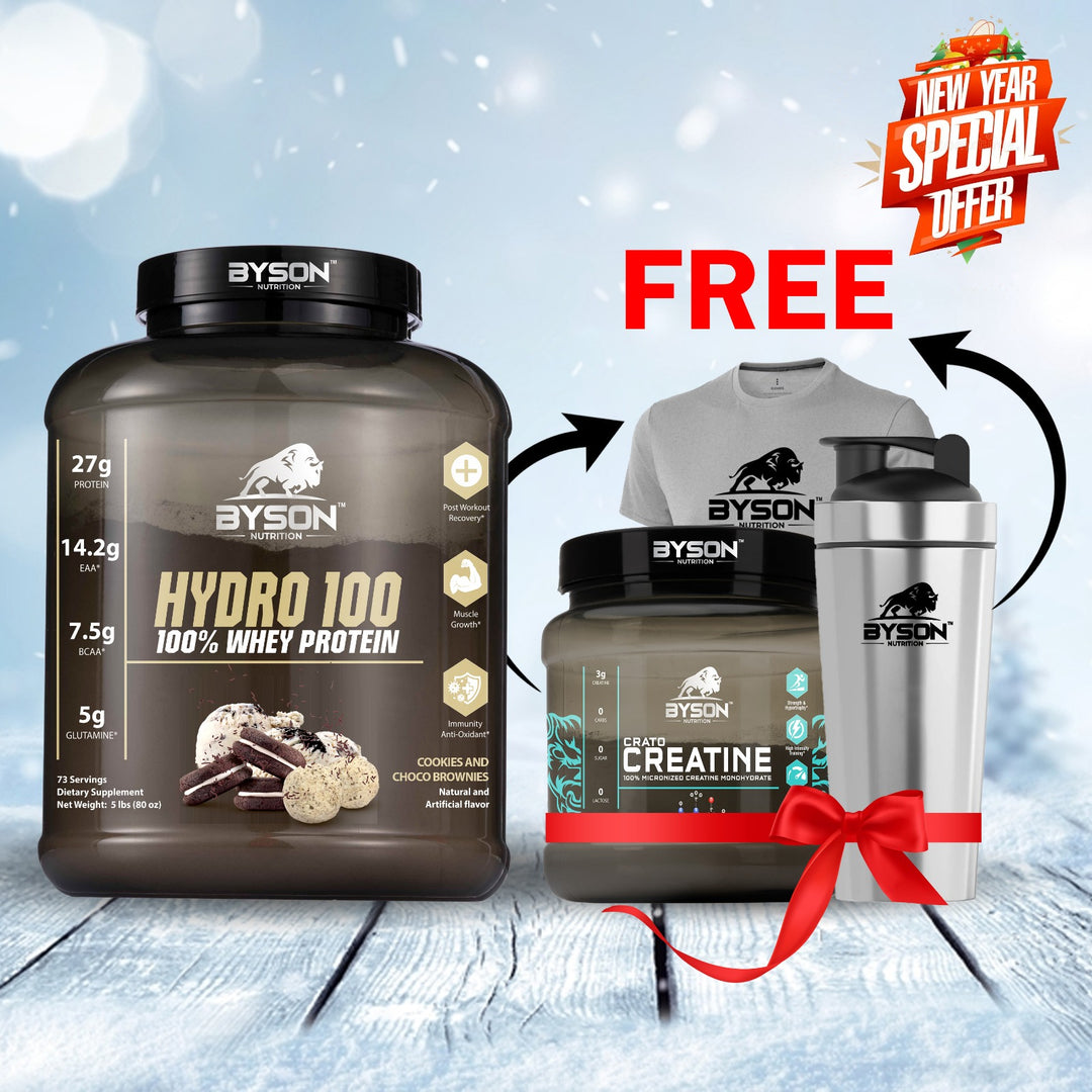 Byson Hydro 100 protein powder with a t-shirt and shaker in a New Year special offer on a snowy background.