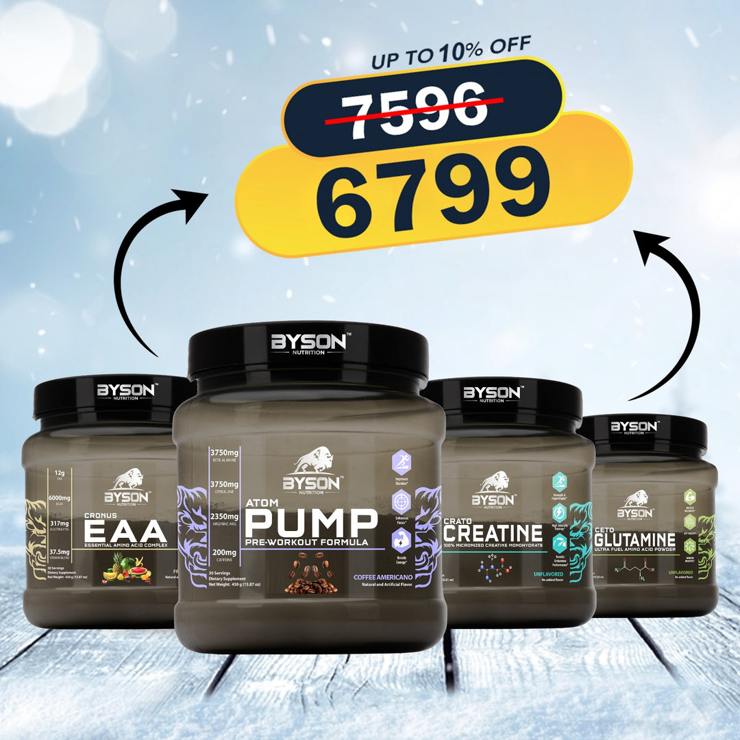 Byson Nutrition supplement containers on a wooden surface with promotional text overlay.